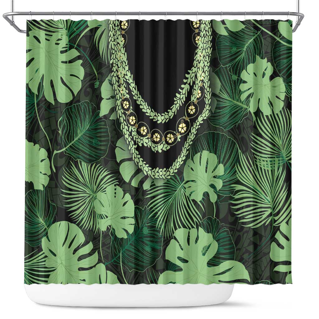 Green Hawaii Kukui Nut Lei Shower Curtain Hawaiian Pattern Monstera Tropical Vibes - Polynesian Pride