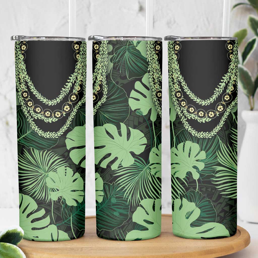 Green Hawaii Kukui Nut Lei Skinny Tumbler Hawaiian Pattern Monstera Tropical Vibes - Polynesian Pride