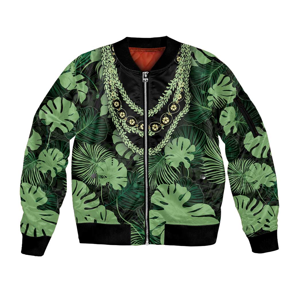 Green Hawaii Kukui Nut Lei Sleeve Zip Bomber Jacket Hawaiian Pattern Monstera Tropical Vibes - Polynesian Pride