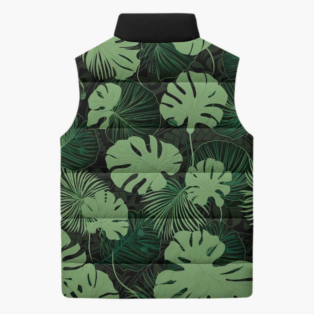Green Hawaii Kukui Nut Lei Sleeveless Puffer Jacket Hawaiian Pattern Monstera Tropical Vibes - Polynesian Pride