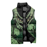 Green Hawaii Kukui Nut Lei Sleeveless Puffer Jacket Hawaiian Pattern Monstera Tropical Vibes - Polynesian Pride