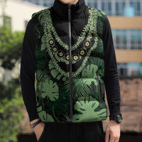 Green Hawaii Kukui Nut Lei Sleeveless Puffer Jacket Hawaiian Pattern Monstera Tropical Vibes - Polynesian Pride