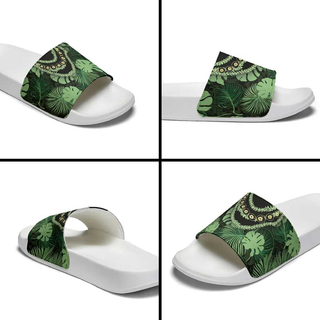 Green Hawaii Kukui Nut Lei Slide Sandals Hawaiian Pattern Monstera Tropical Vibes - Polynesian Pride