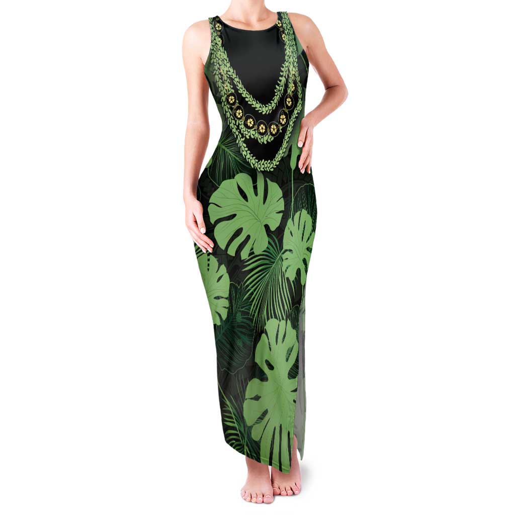 Green Hawaii Kukui Nut Lei Tank Maxi Dress Hawaiian Pattern Monstera Tropical Vibes - Polynesian Pride