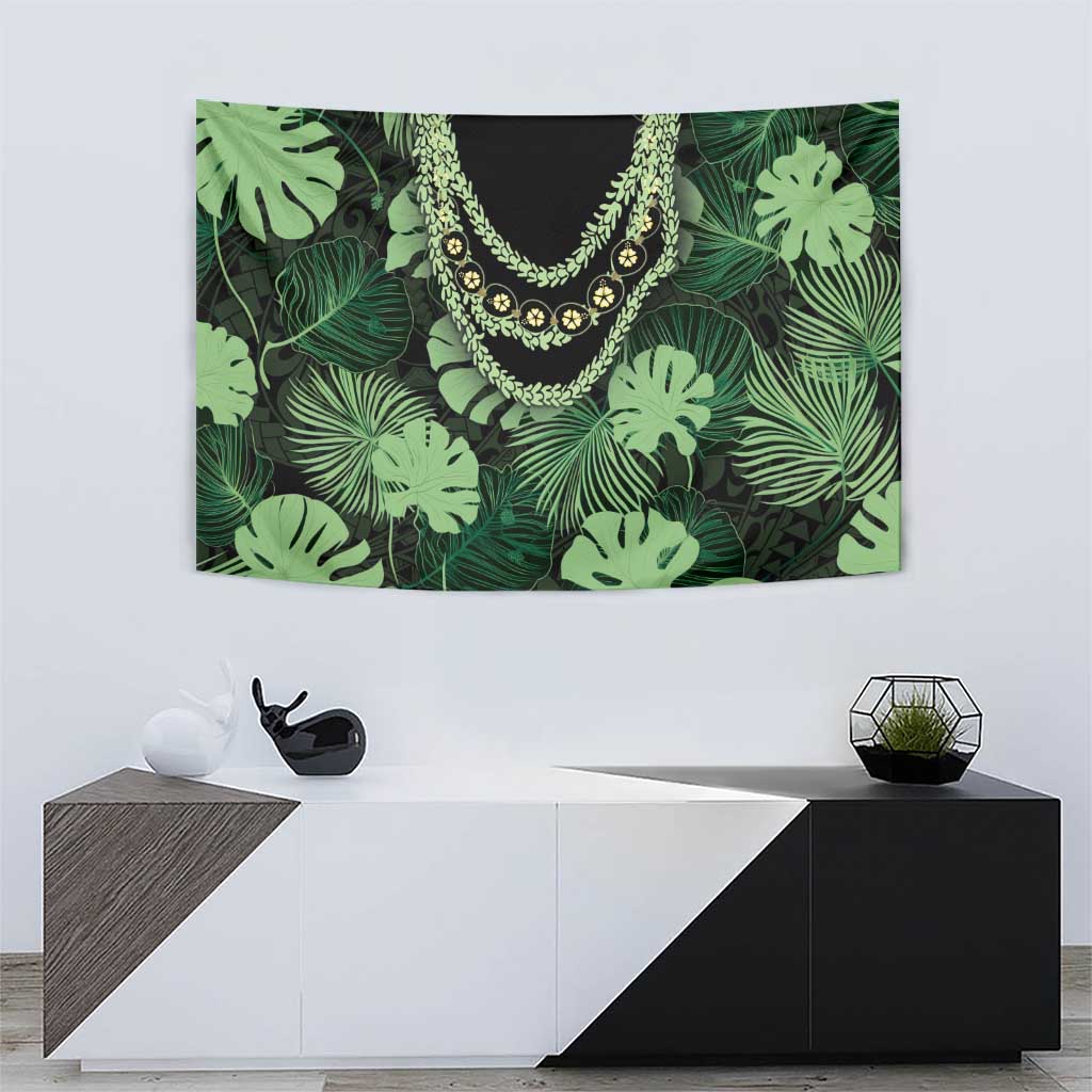 Green Hawaii Kukui Nut Lei Tapestry Hawaiian Pattern Monstera Tropical Vibes - Polynesian Pride