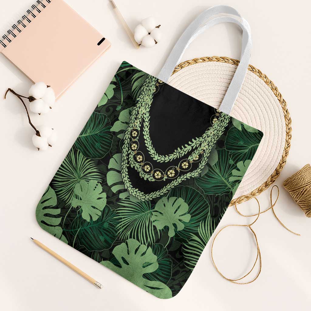 Green Hawaii Kukui Nut Lei Tote Bag Hawaiian Pattern Monstera Tropical Vibes - Polynesian Pride