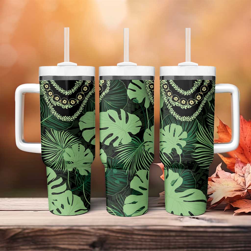 Green Hawaii Kukui Nut Lei Tumbler With Handle Hawaiian Pattern Monstera Tropical Vibes - Polynesian Pride