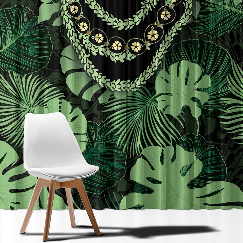 Green Hawaii Kukui Nut Lei Window Curtain Hawaiian Pattern Monstera Tropical Vibes - Polynesian Pride