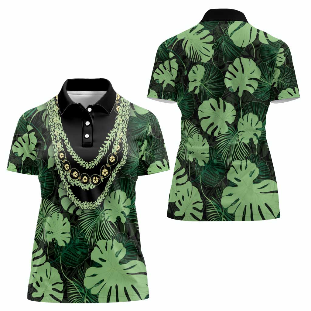 Green Hawaii Kukui Nut Lei Women Polo Shirt Hawaiian Pattern Monstera Tropical Vibes - Polynesian Pride