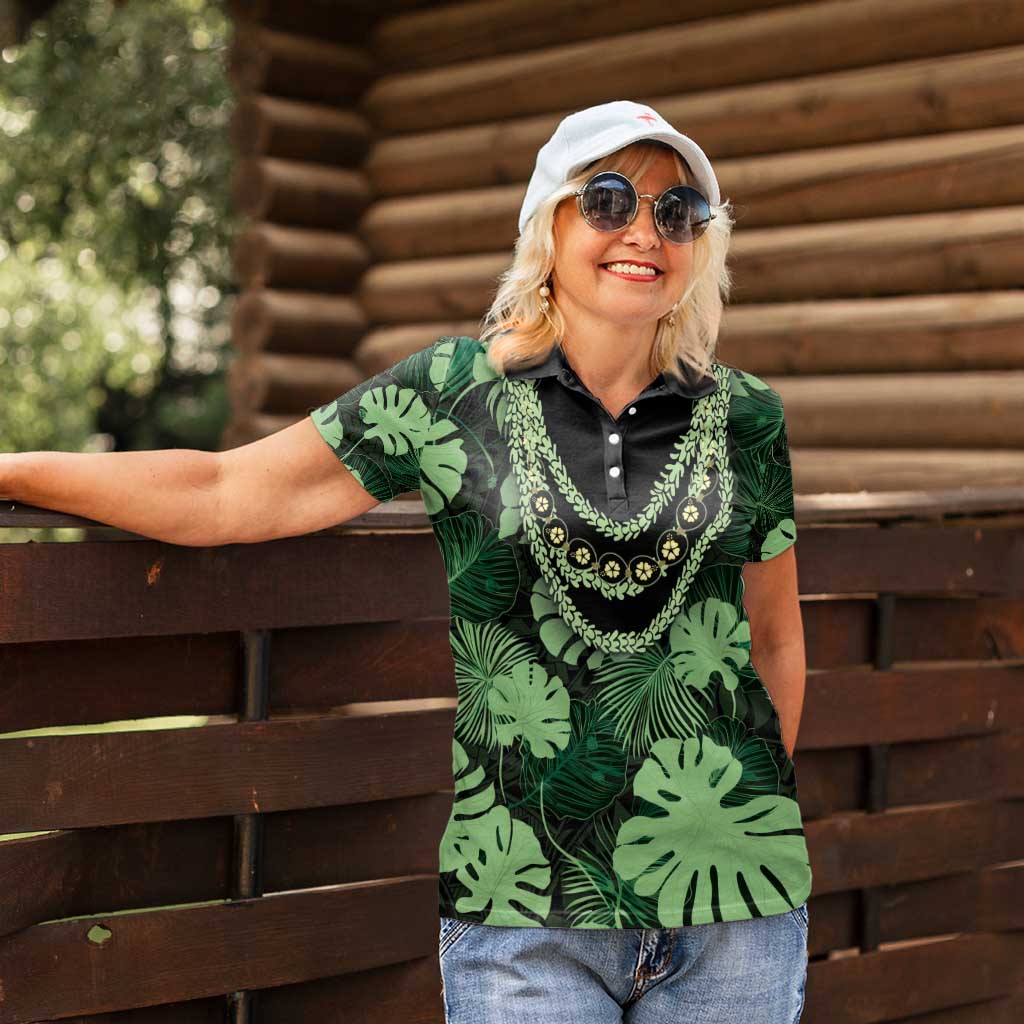 Green Hawaii Kukui Nut Lei Women Polo Shirt Hawaiian Pattern Monstera Tropical Vibes - Polynesian Pride