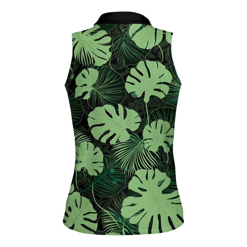 Green Hawaii Kukui Nut Lei Women Sleeveless Polo Shirt Hawaiian Pattern Monstera Tropical Vibes - Polynesian Pride