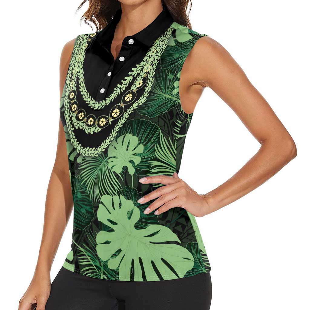 Green Hawaii Kukui Nut Lei Women Sleeveless Polo Shirt Hawaiian Pattern Monstera Tropical Vibes - Polynesian Pride