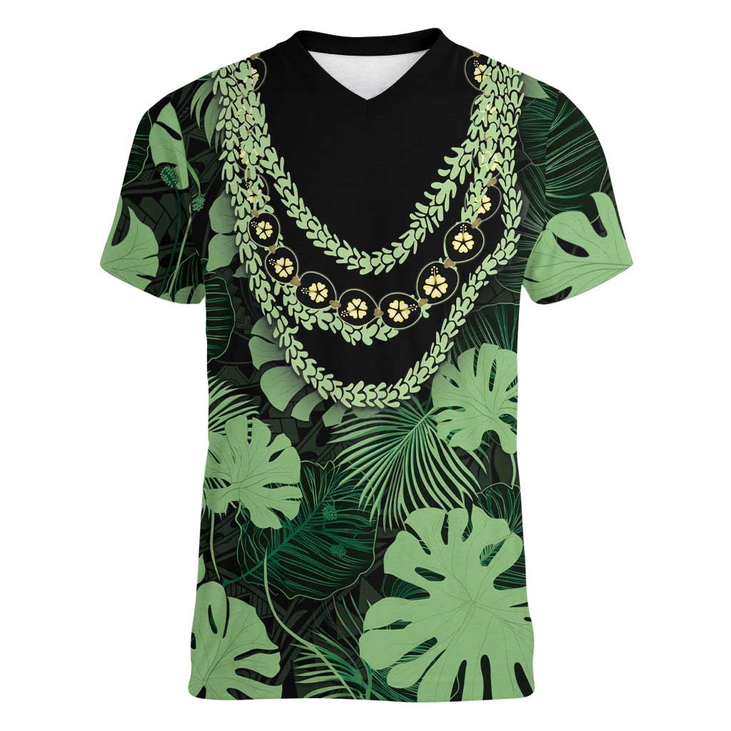 Green Hawaii Kukui Nut Lei Women V-Neck T-Shirt Hawaiian Pattern Monstera Tropical Vibes - Polynesian Pride