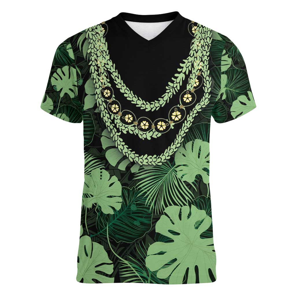 Green Hawaii Kukui Nut Lei Women V-Neck T-Shirt Hawaiian Pattern Monstera Tropical Vibes - Polynesian Pride