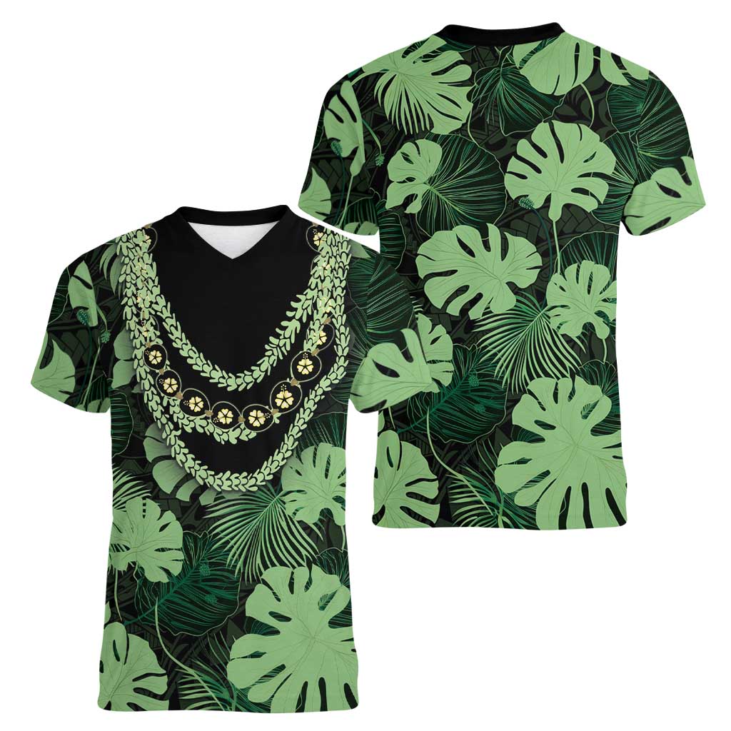 Green Hawaii Kukui Nut Lei Women V-Neck T-Shirt Hawaiian Pattern Monstera Tropical Vibes - Polynesian Pride