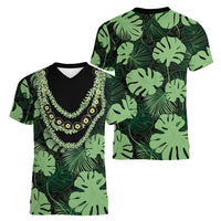 Green Hawaii Kukui Nut Lei Women V-Neck T-Shirt Hawaiian Pattern Monstera Tropical Vibes - Polynesian Pride