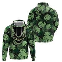 Green Hawaii Kukui Nut Lei Zip Hoodie Hawaiian Pattern Monstera Tropical Vibes - Polynesian Pride