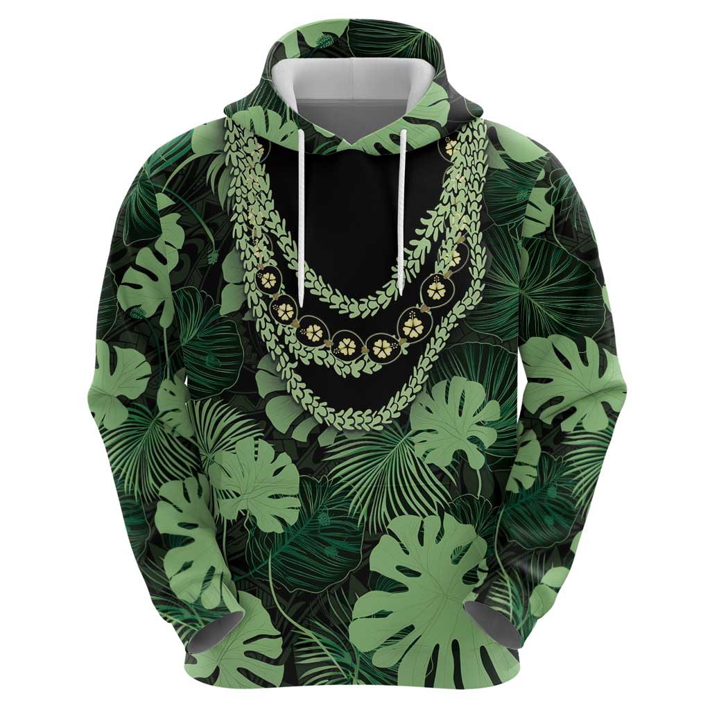 Green Hawaii Kukui Nut Lei Zip Hoodie Hawaiian Pattern Monstera Tropical Vibes - Polynesian Pride