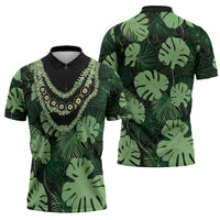 Green Hawaii Kukui Nut Lei Zipper Polo Shirt Hawaiian Pattern Monstera Tropical Vibes - Polynesian Pride