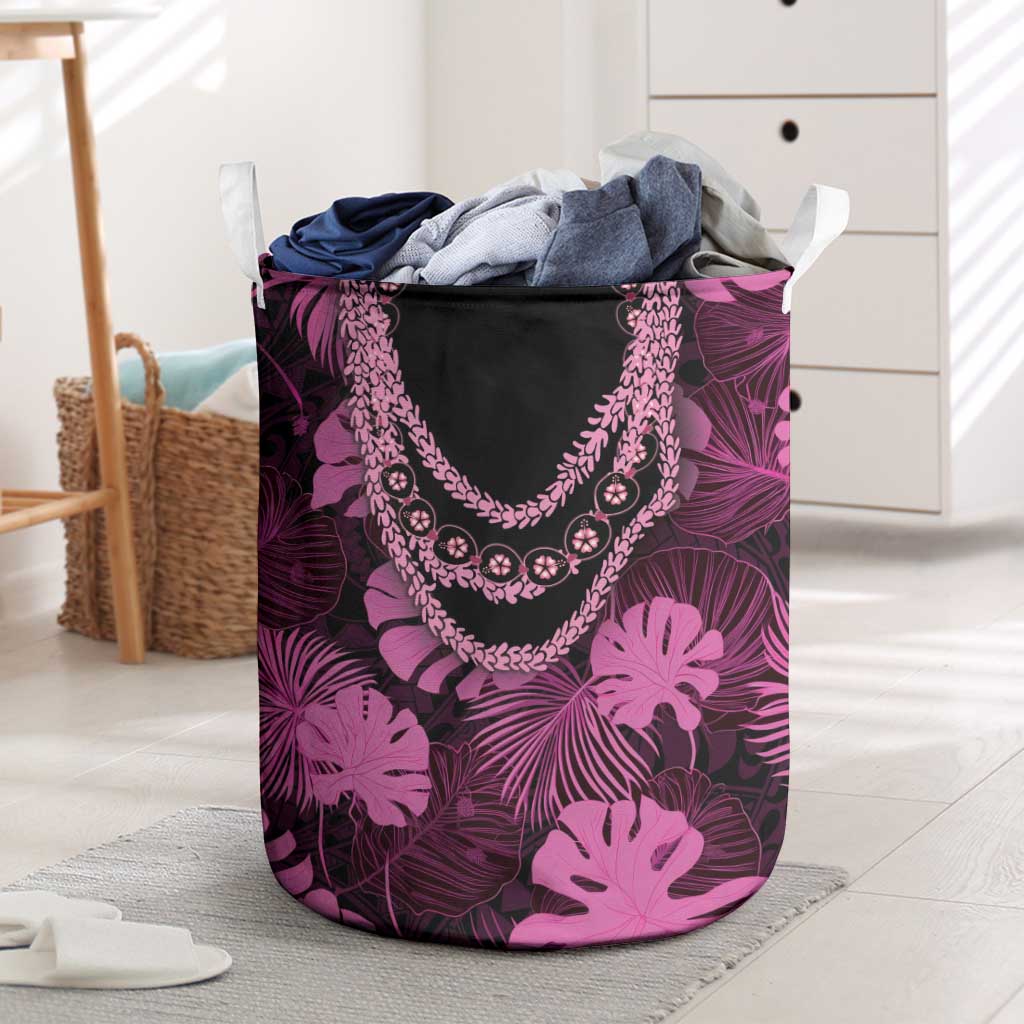 Pink Hawaii Kukui Nut Lei Laundry Basket Hawaiian Pattern Monstera Tropical Vibes - Polynesian Pride