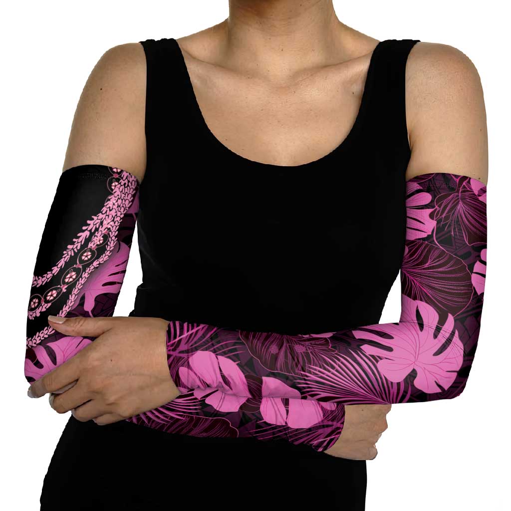 Pink Hawaii Kukui Nut Lei Arm Sleeves Hawaiian Pattern Monstera Tropical Vibes - Polynesian Pride