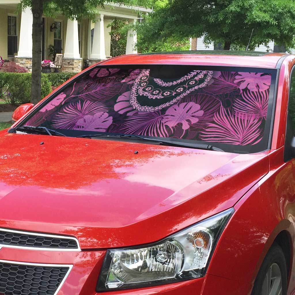 Pink Hawaii Kukui Nut Lei Auto Sun Shade Hawaiian Pattern Monstera Tropical Vibes - Polynesian Pride