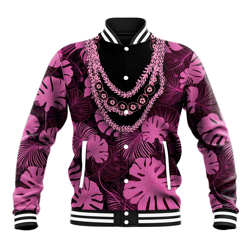 Pink Hawaii Kukui Nut Lei Baseball Jacket Hawaiian Pattern Monstera Tropical Vibes - Polynesian Pride