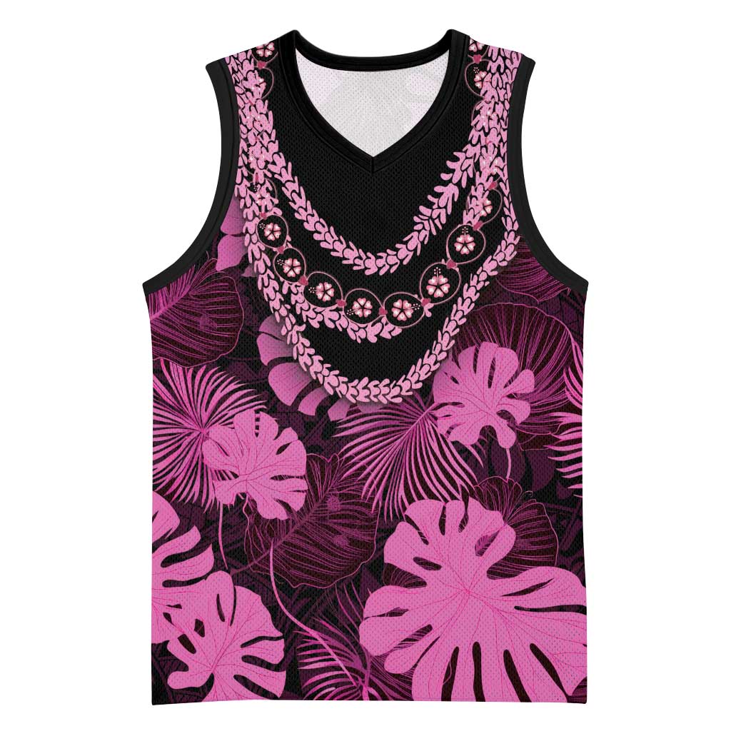 Pink Hawaii Kukui Nut Lei Basketball Jersey Hawaiian Pattern Monstera Tropical Vibes - Polynesian Pride