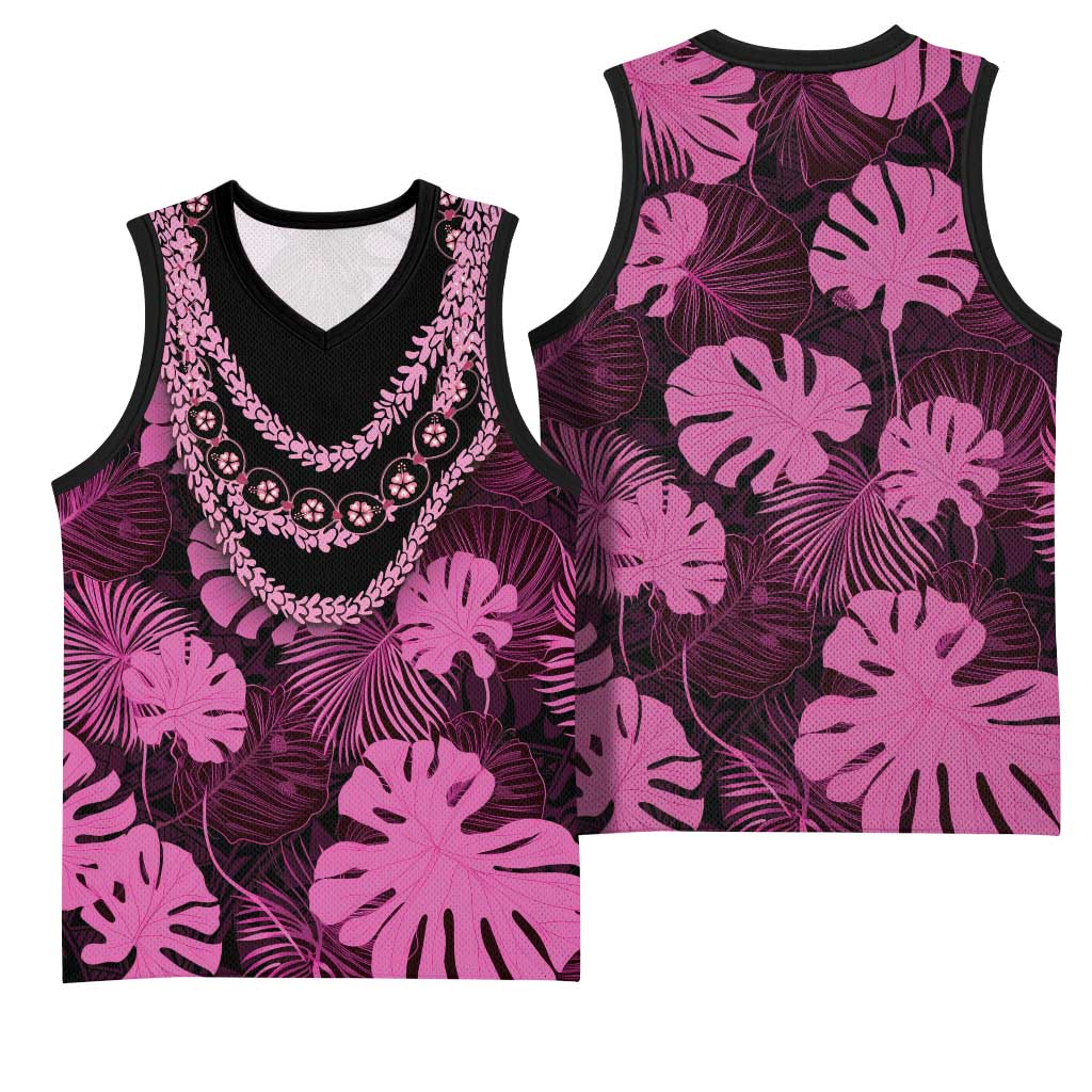 Pink Hawaii Kukui Nut Lei Basketball Jersey Hawaiian Pattern Monstera Tropical Vibes - Polynesian Pride
