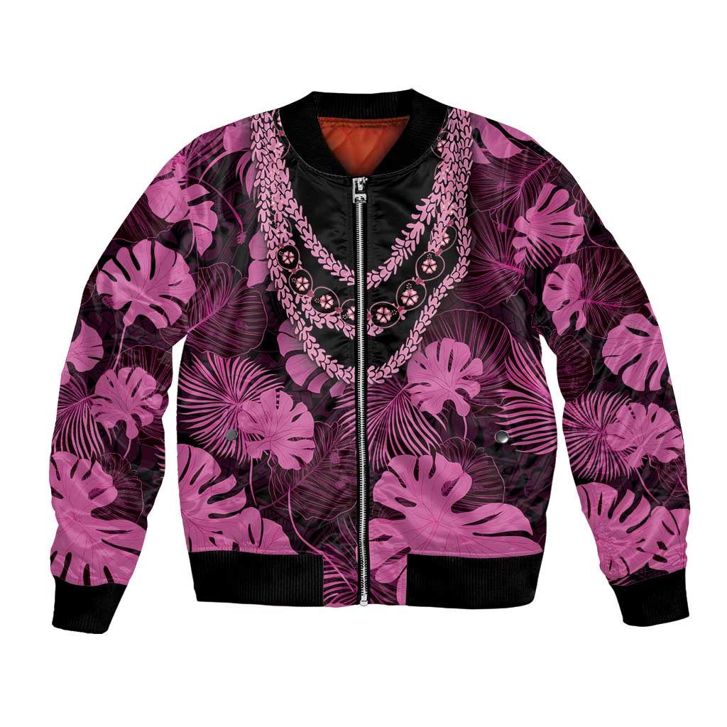 Pink Hawaii Kukui Nut Lei Bomber Jacket Hawaiian Pattern Monstera Tropical Vibes - Polynesian Pride