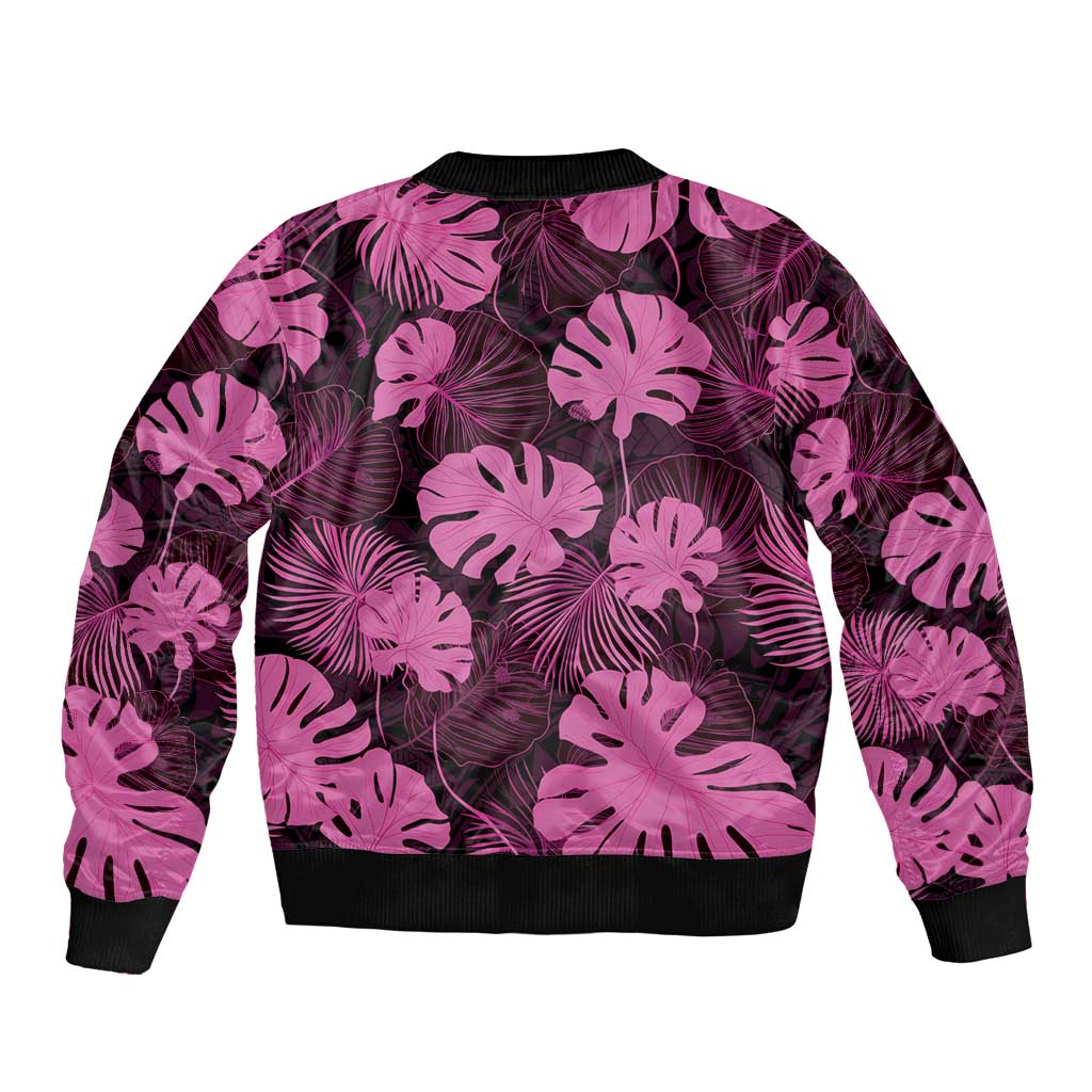 Pink Hawaii Kukui Nut Lei Bomber Jacket Hawaiian Pattern Monstera Tropical Vibes - Polynesian Pride