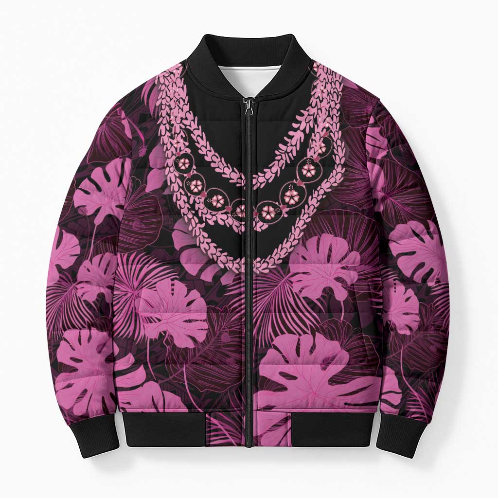 Pink Hawaii Kukui Nut Lei Bomber Puffer Jacket Hawaiian Pattern Monstera Tropical Vibes - Polynesian Pride