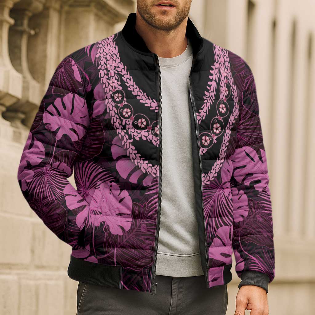 Pink Hawaii Kukui Nut Lei Bomber Puffer Jacket Hawaiian Pattern Monstera Tropical Vibes - Polynesian Pride