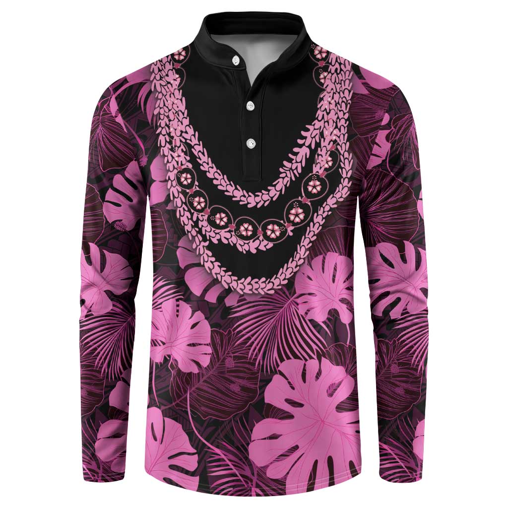 Pink Hawaii Kukui Nut Lei Button Sweatshirt Hawaiian Pattern Monstera Tropical Vibes - Polynesian Pride