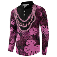 Pink Hawaii Kukui Nut Lei Button Sweatshirt Hawaiian Pattern Monstera Tropical Vibes - Polynesian Pride