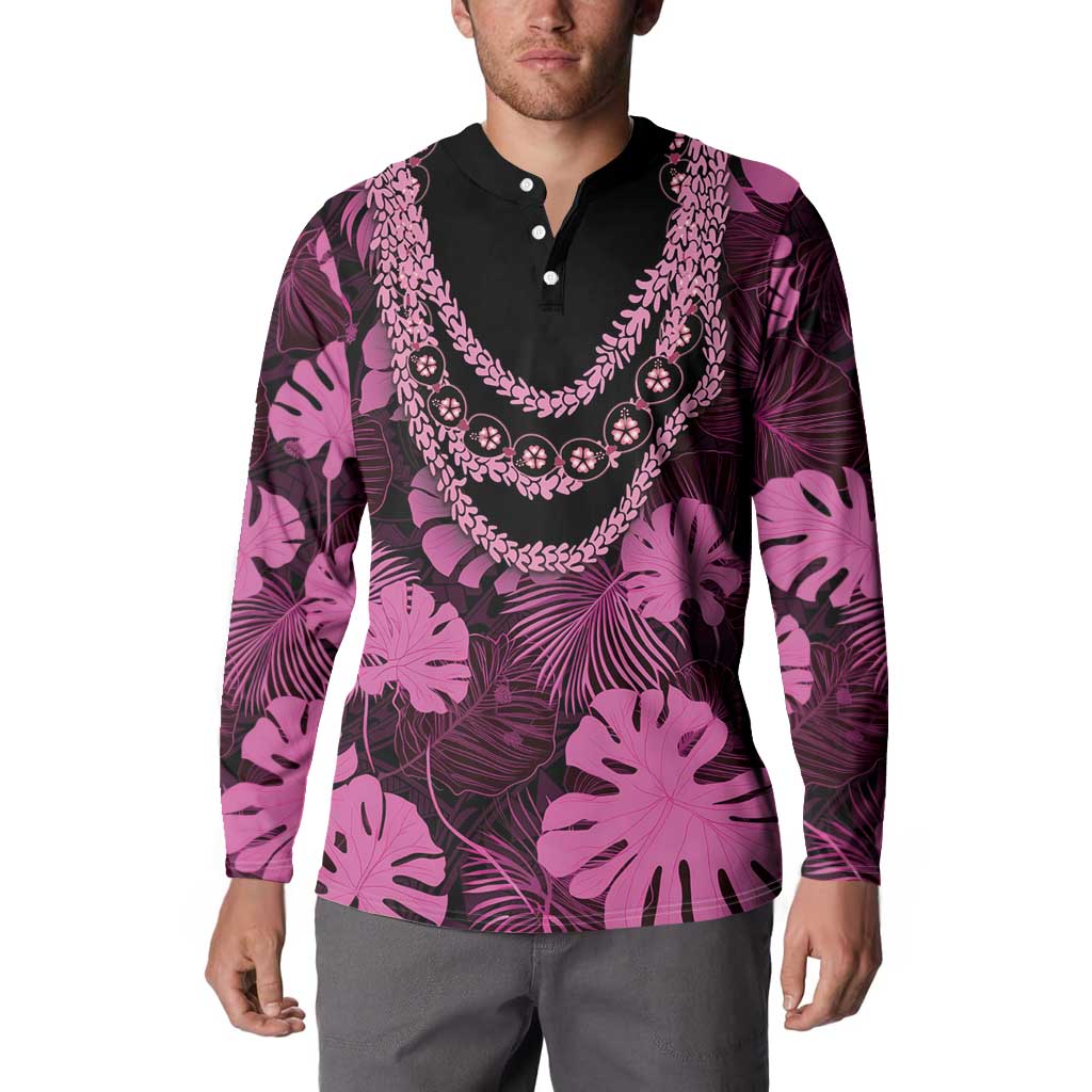Pink Hawaii Kukui Nut Lei Button Sweatshirt Hawaiian Pattern Monstera Tropical Vibes - Polynesian Pride