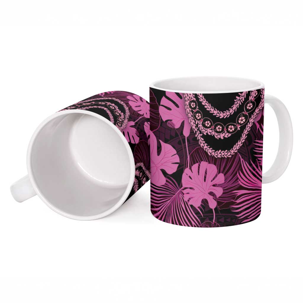 Pink Hawaii Kukui Nut Lei Ceramic Mug Hawaiian Pattern Monstera Tropical Vibes - Polynesian Pride