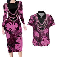 Pink Hawaii Kukui Nut Lei Couples Matching Long Sleeve Bodycon Dress and Hawaiian Shirt Hawaiian Pattern Monstera Tropical Vibes - Polynesian Pride