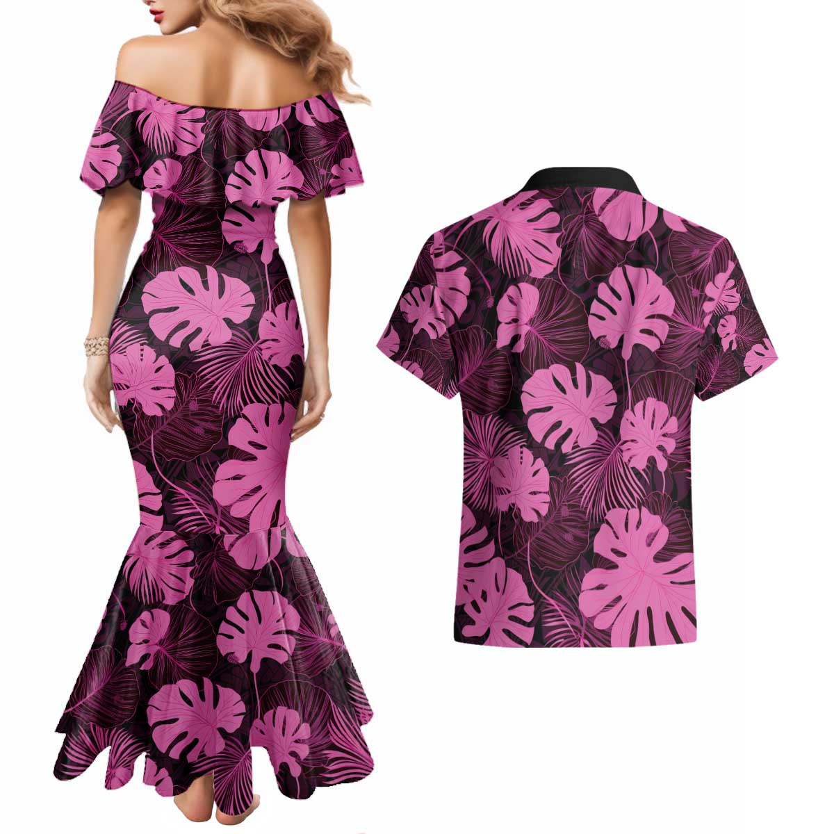 Pink Hawaii Kukui Nut Lei Couples Matching Mermaid Dress and Hawaiian Shirt Hawaiian Pattern Monstera Tropical Vibes - Polynesian Pride