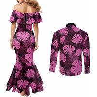 Pink Hawaii Kukui Nut Lei Couples Matching Mermaid Dress and Long Sleeve Button Shirt Hawaiian Pattern Monstera Tropical Vibes - Polynesian Pride