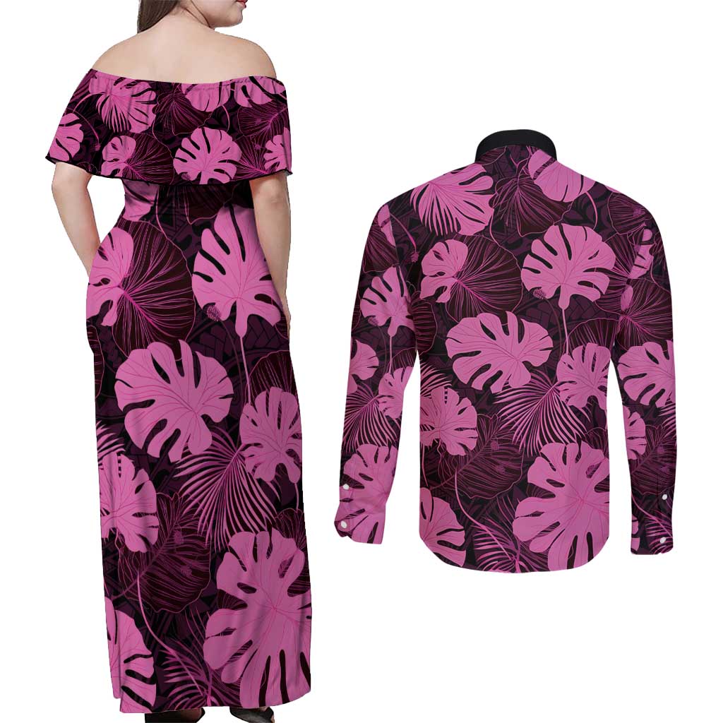 Pink Hawaii Kukui Nut Lei Couples Matching Off Shoulder Maxi Dress and Long Sleeve Button Shirt Hawaiian Pattern Monstera Tropical Vibes - Polynesian Pride