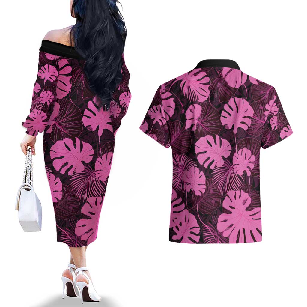 Pink Hawaii Kukui Nut Lei Couples Matching Off The Shoulder Long Sleeve Dress and Hawaiian Shirt Hawaiian Pattern Monstera Tropical Vibes - Polynesian Pride