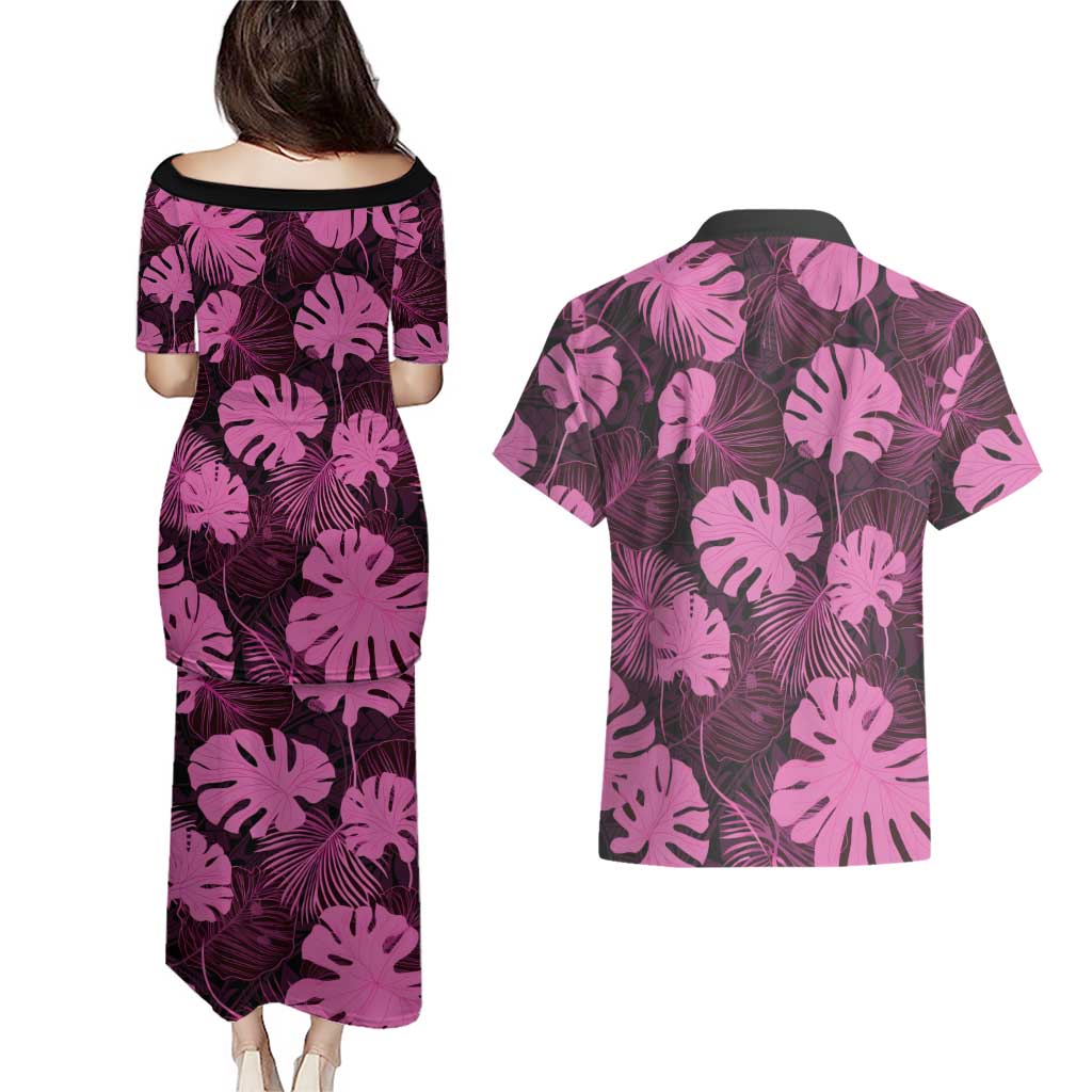 Pink Hawaii Kukui Nut Lei Couples Matching Puletasi and Hawaiian Shirt Hawaiian Pattern Monstera Tropical Vibes - Polynesian Pride