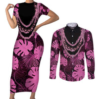 Pink Hawaii Kukui Nut Lei Couples Matching Short Sleeve Bodycon Dress and Long Sleeve Button Shirt Hawaiian Pattern Monstera Tropical Vibes - Polynesian Pride