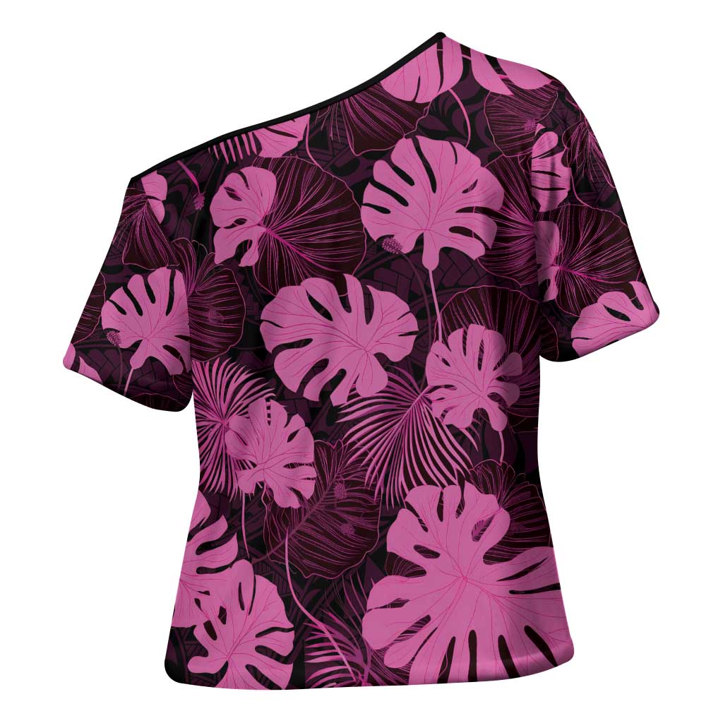 Pink Hawaii Kukui Nut Lei Cross Shoulder Shirt Hawaiian Pattern Monstera Tropical Vibes - Polynesian Pride