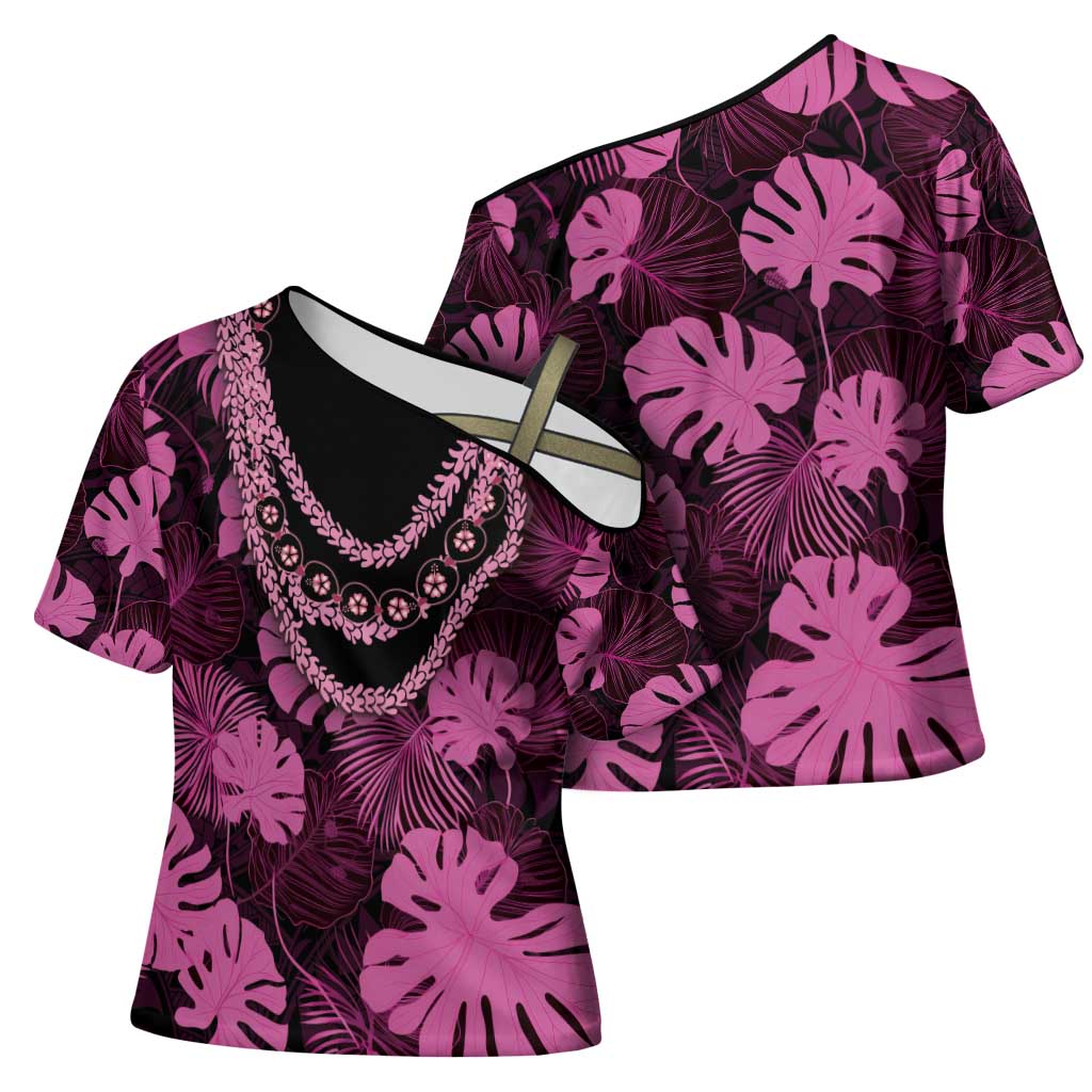 Pink Hawaii Kukui Nut Lei Cross Shoulder Shirt Hawaiian Pattern Monstera Tropical Vibes - Polynesian Pride