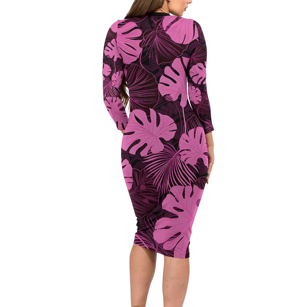 Pink Hawaii Kukui Nut Lei Family Matching Long Sleeve Bodycon Dress and Hawaiian Shirt Hawaiian Pattern Monstera Tropical Vibes - Polynesian Pride