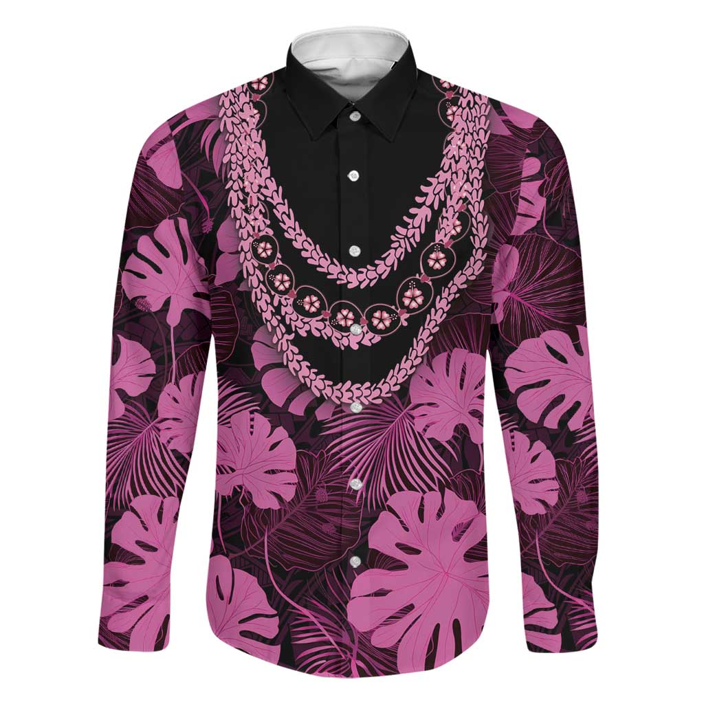 Pink Hawaii Kukui Nut Lei Family Matching Puletasi and Hawaiian Shirt Hawaiian Pattern Monstera Tropical Vibes LT14 Dad's Shirt - Long Sleeve Pink - Polynesian Pride