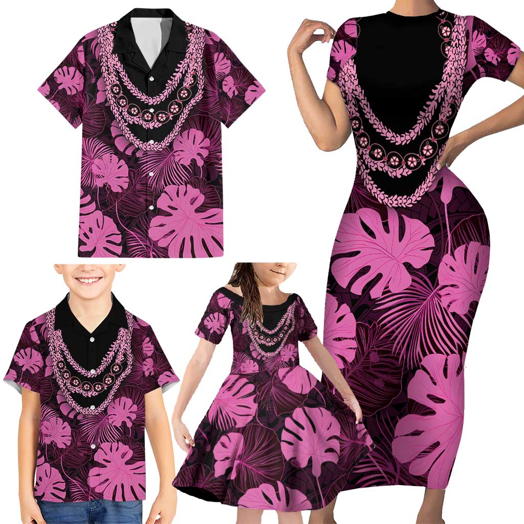 Pink Hawaii Kukui Nut Lei Family Matching Short Sleeve Bodycon Dress and Hawaiian Shirt Hawaiian Pattern Monstera Tropical Vibes - Polynesian Pride