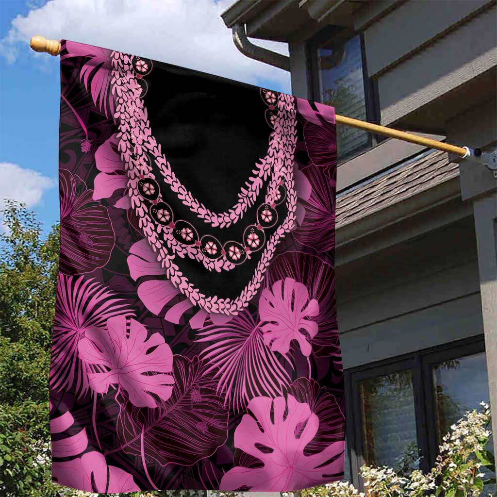 Pink Hawaii Kukui Nut Lei Garden Flag Hawaiian Pattern Monstera Tropical Vibes - Polynesian Pride